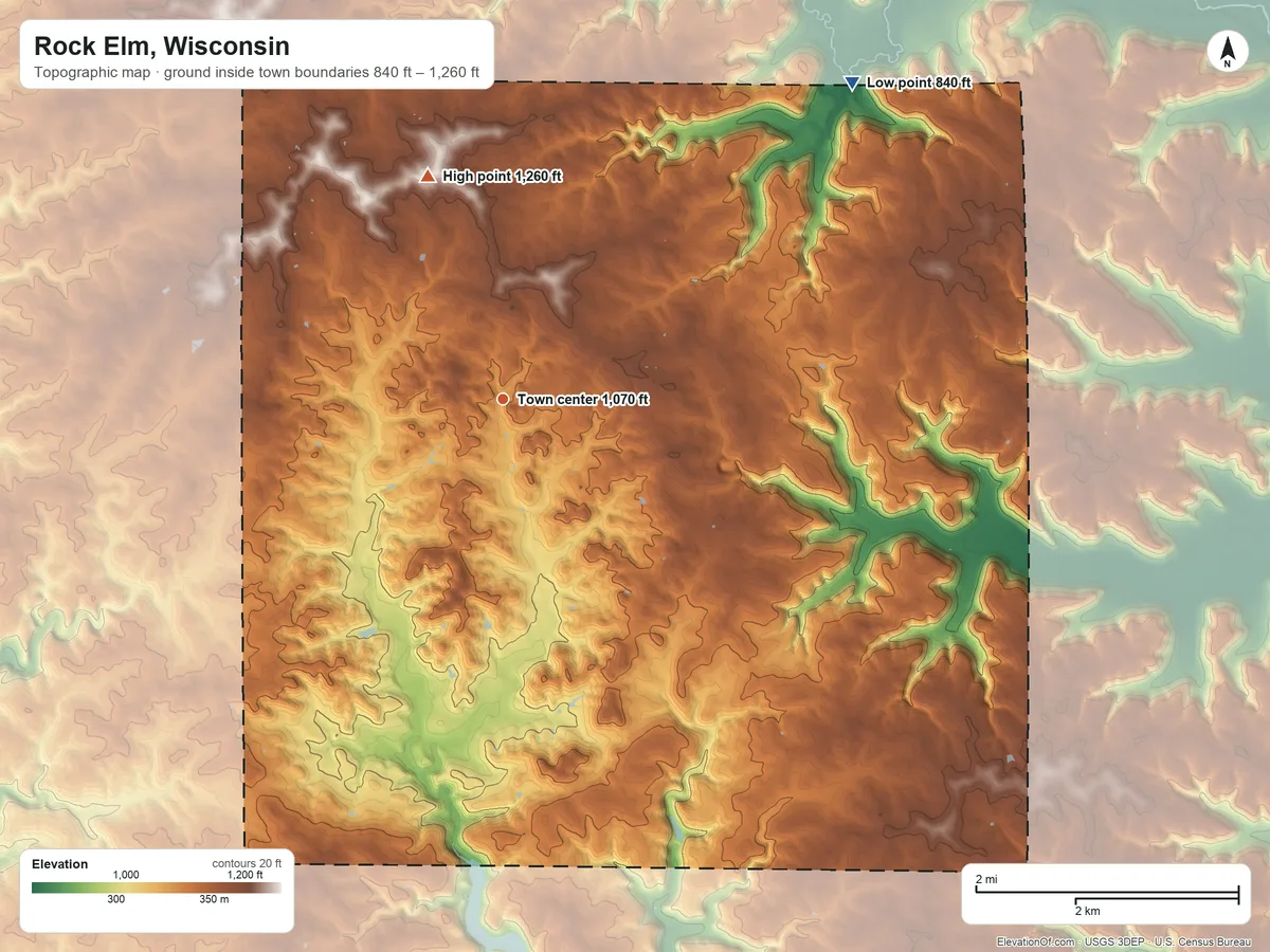 Topographic elevation map of Rock Elm, Wisconsin, shaded from 840 ft on the northeast side to 1,260 ft on the north side