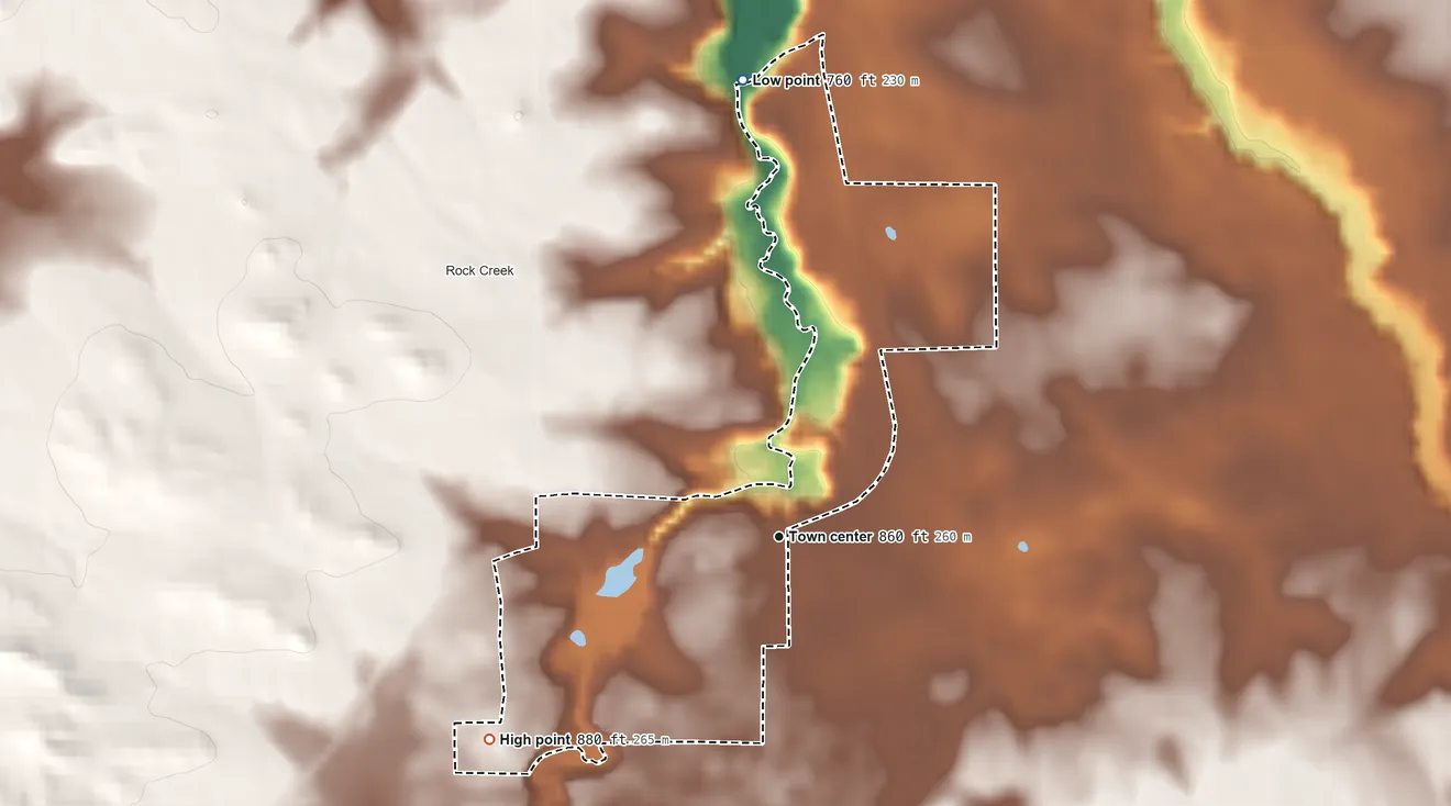 Topographic elevation map of Rock Falls, Dunn County, Wisconsin, shaded from 760 ft on the north side to 880 ft on the southwest side