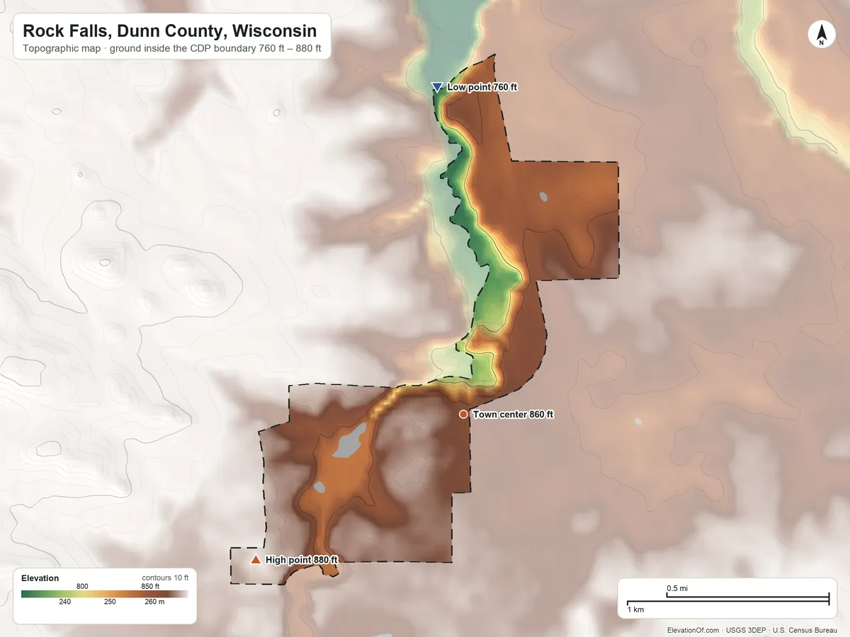 Topographic elevation map of Rock Falls, Dunn County, Wisconsin, shaded from 760 ft on the north side to 880 ft on the southwest side
