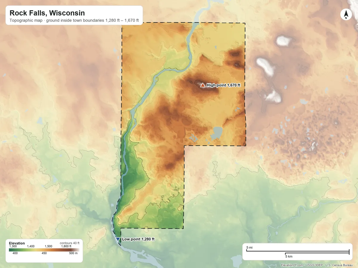 Topographic elevation map of Rock Falls, Wisconsin, shaded from 1,280 ft on the southwest side to 1,670 ft on the northeast side