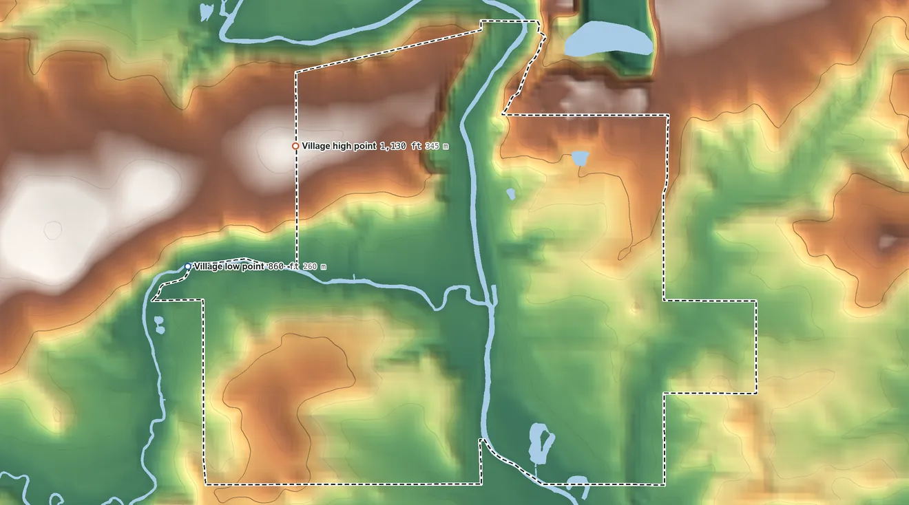 Topographic elevation map of Rock Springs, Wisconsin, shaded from 860 ft on the west side to 1,130 ft on the northwest side
