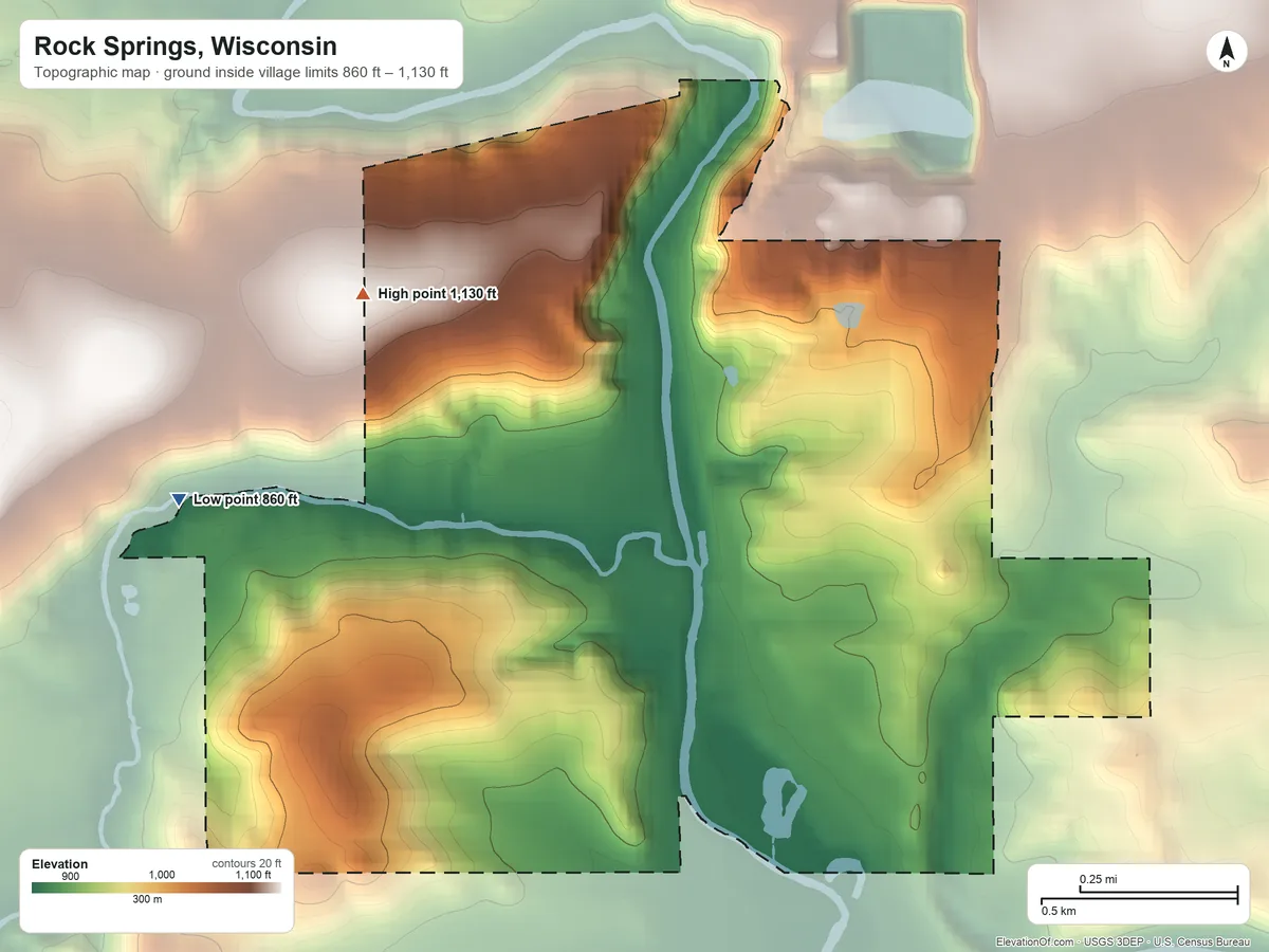 Topographic elevation map of Rock Springs, Wisconsin, shaded from 860 ft on the west side to 1,130 ft on the northwest side