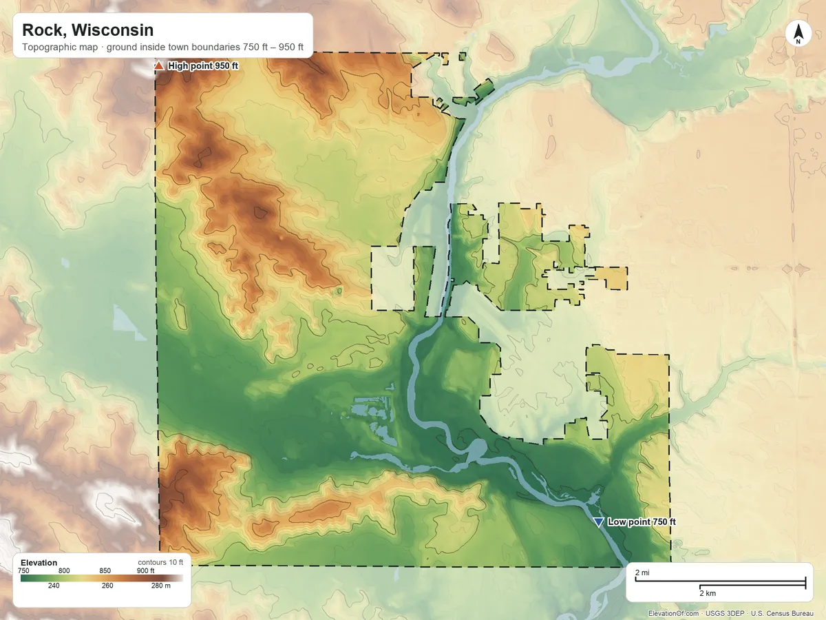 Topographic elevation map of Rock, Wisconsin, shaded from 750 ft on the southeast side to 950 ft on the northwest side