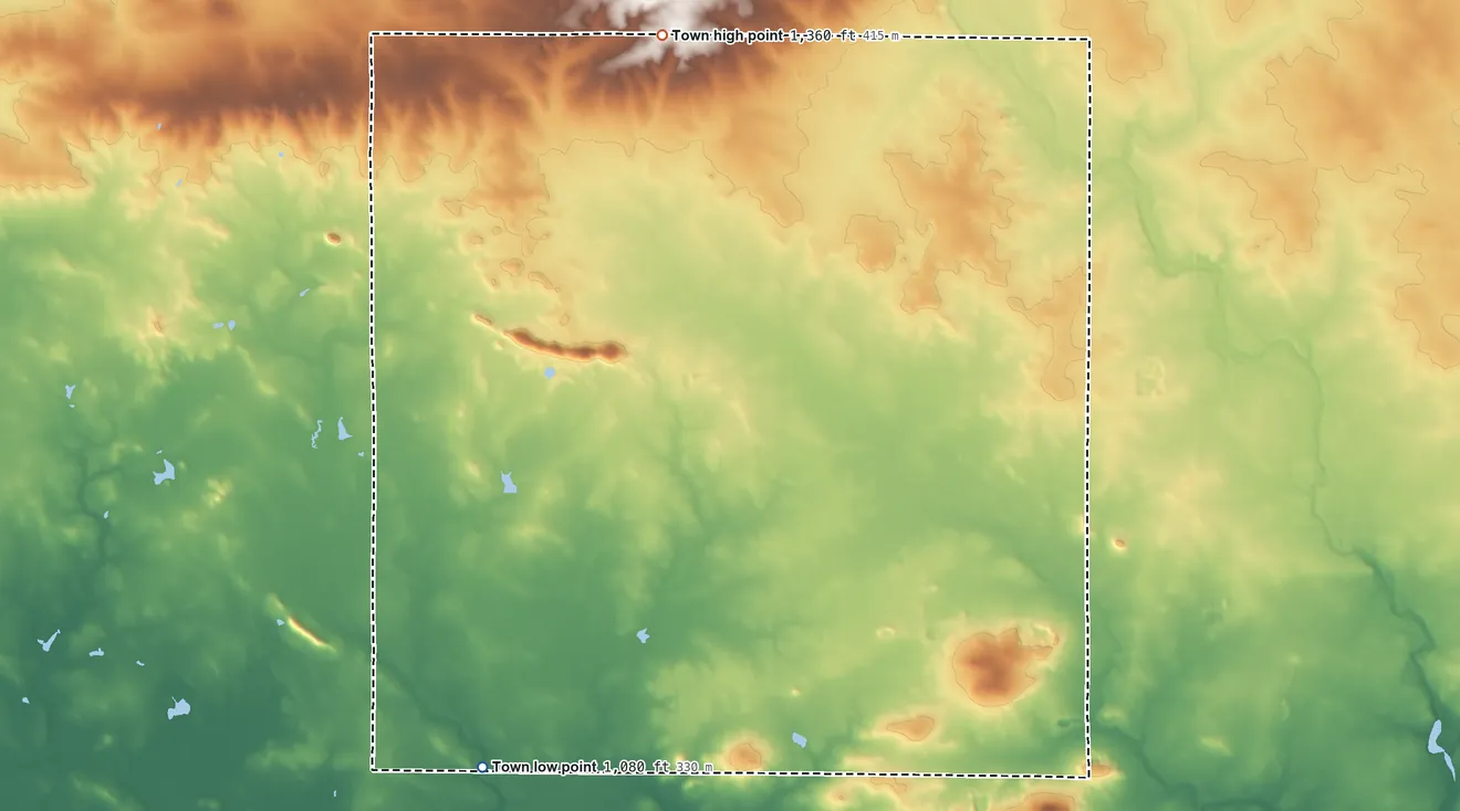 Topographic elevation map of Rock, Wood County, Wisconsin, shaded from 1,080 ft on the southwest side to 1,360 ft on the north side