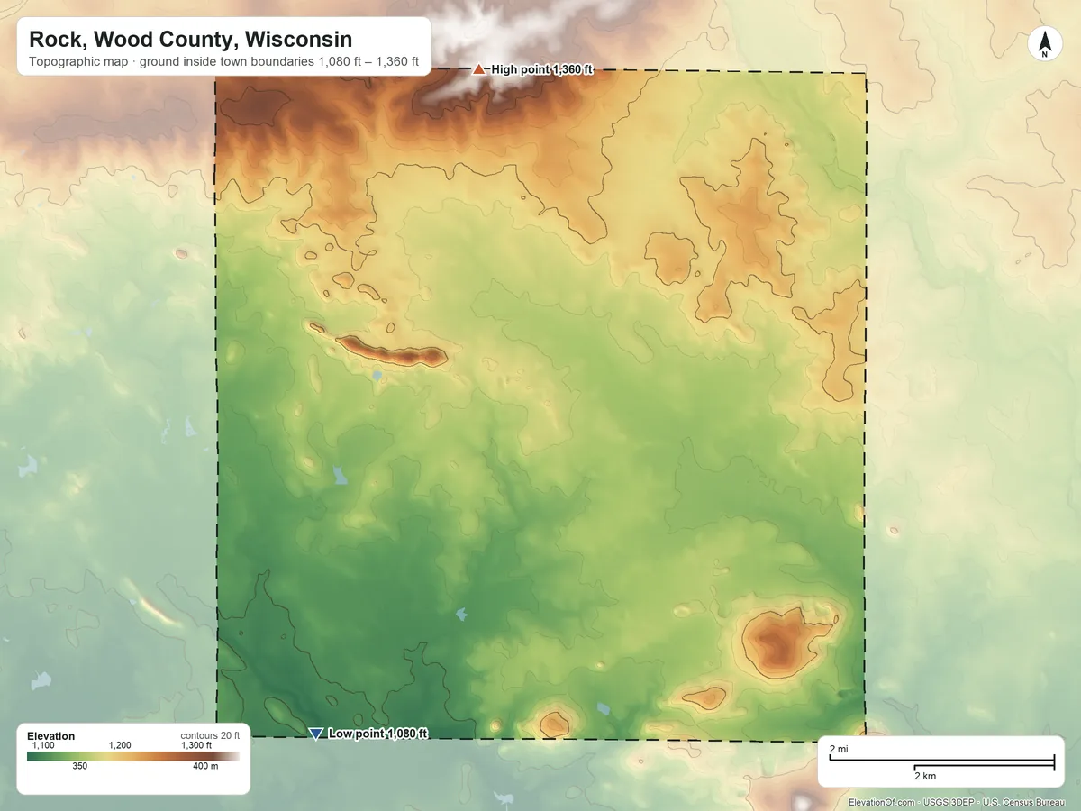 Topographic elevation map of Rock, Wood County, Wisconsin, shaded from 1,080 ft on the southwest side to 1,360 ft on the north side
