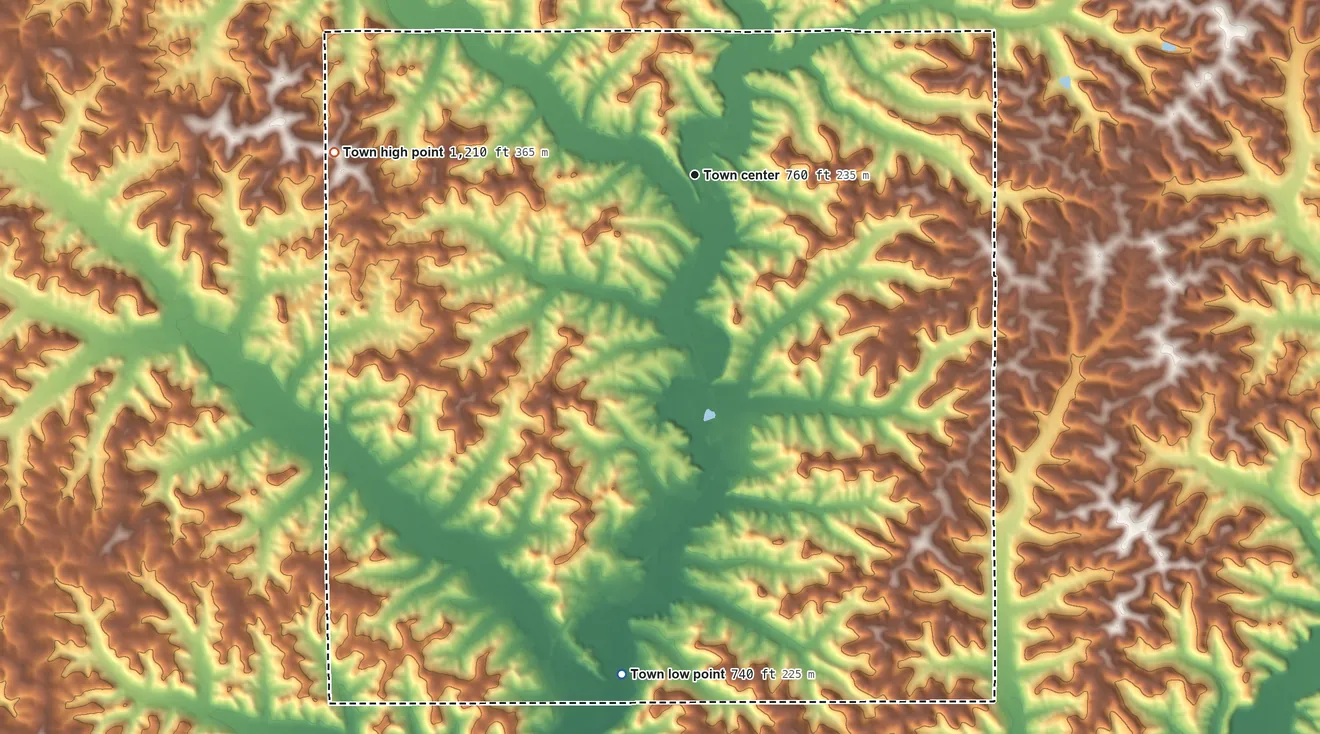 Topographic elevation map of Rockbridge, Wisconsin, shaded from 740 ft on the south side to 1,210 ft on the west side