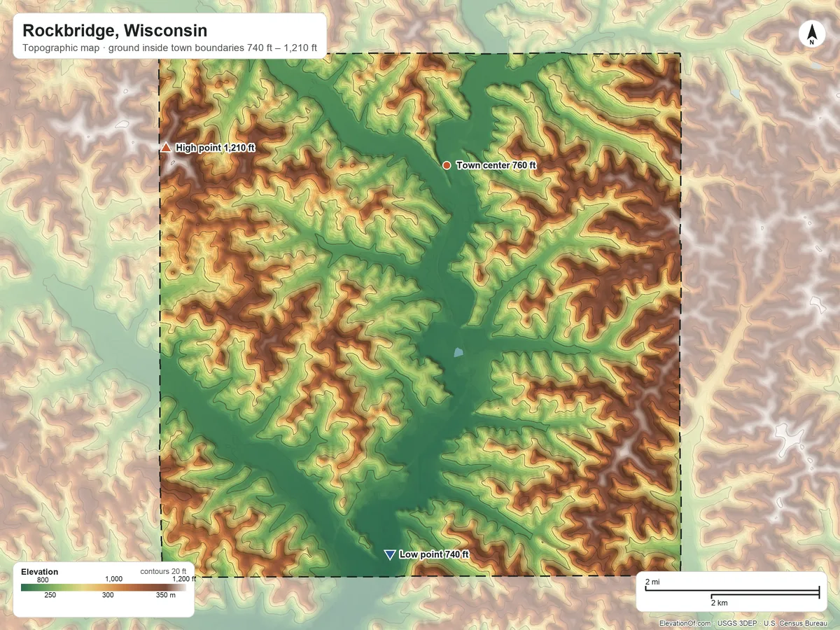 Topographic elevation map of Rockbridge, Wisconsin, shaded from 740 ft on the south side to 1,210 ft on the west side