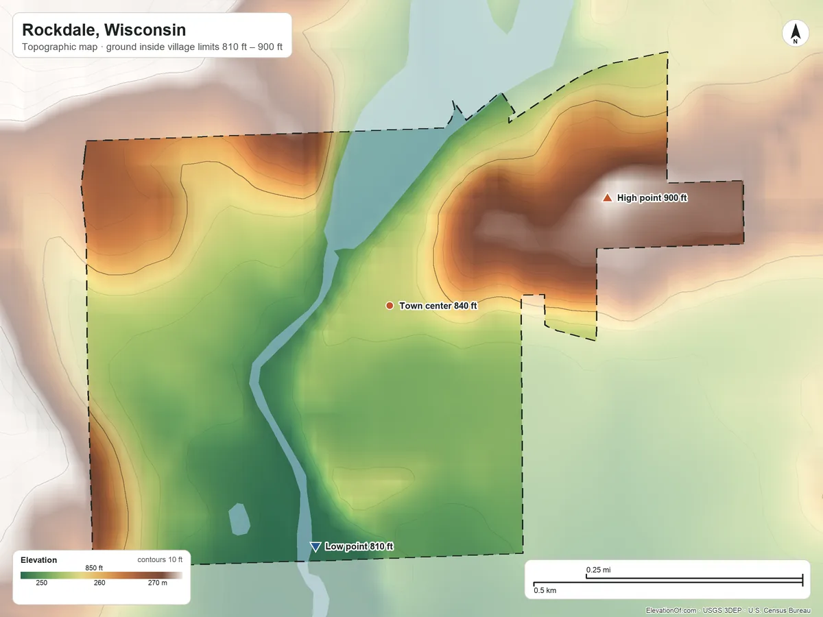 Topographic elevation map of Rockdale, Wisconsin, shaded from 810 ft on the south side to 900 ft on the northeast side