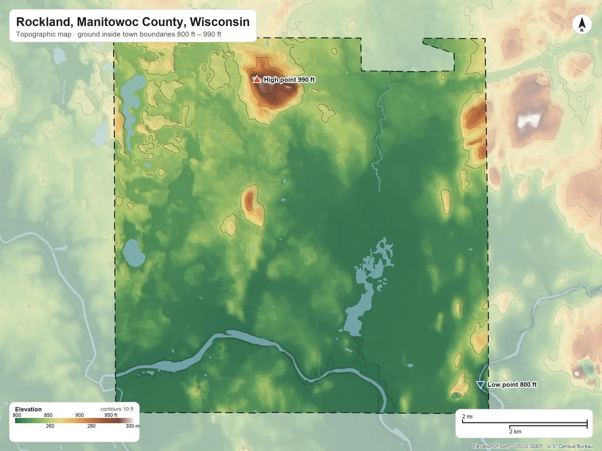 Topographic elevation map of Rockland, Manitowoc County, Wisconsin, shaded from 800 ft on the southeast side to 990 ft on the north side