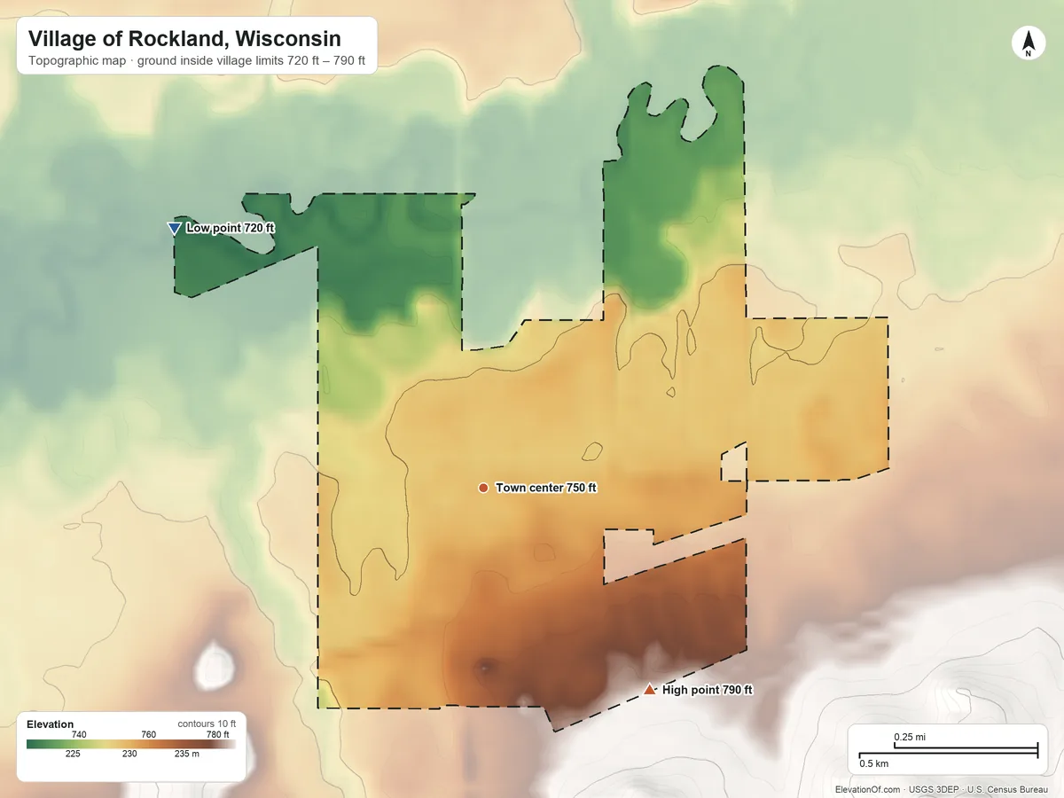 Topographic elevation map of Village of Rockland, Wisconsin, shaded from 720 ft on the northwest side to 790 ft on the southeast side