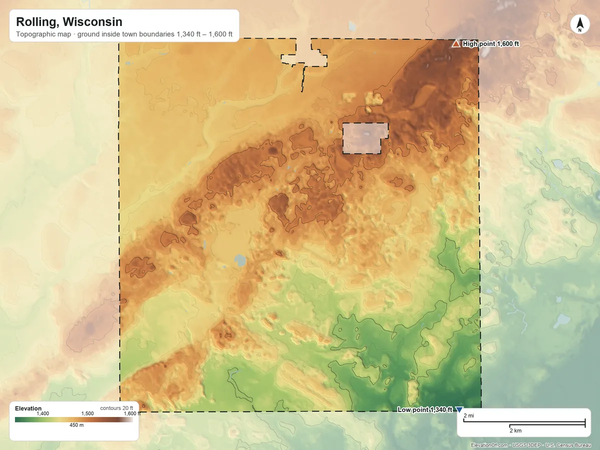 Topographic elevation map of Rolling, Wisconsin, shaded from 1,340 ft on the southeast side to 1,600 ft on the northeast side