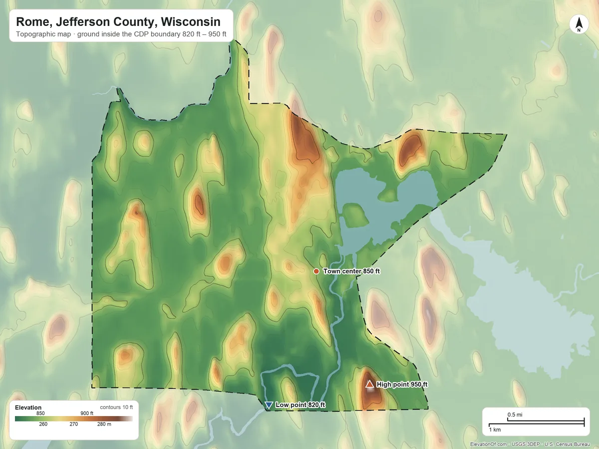 Topographic elevation map of Rome, Jefferson County, Wisconsin, shaded from 820 ft on the south side to 950 ft on the southeast side