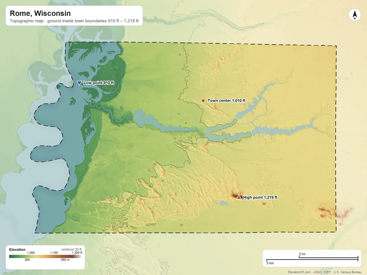 Topographic elevation map of Rome, Wisconsin, shaded from 910 ft on the west side to 1,219 ft on Dorra Cooshe Mountain