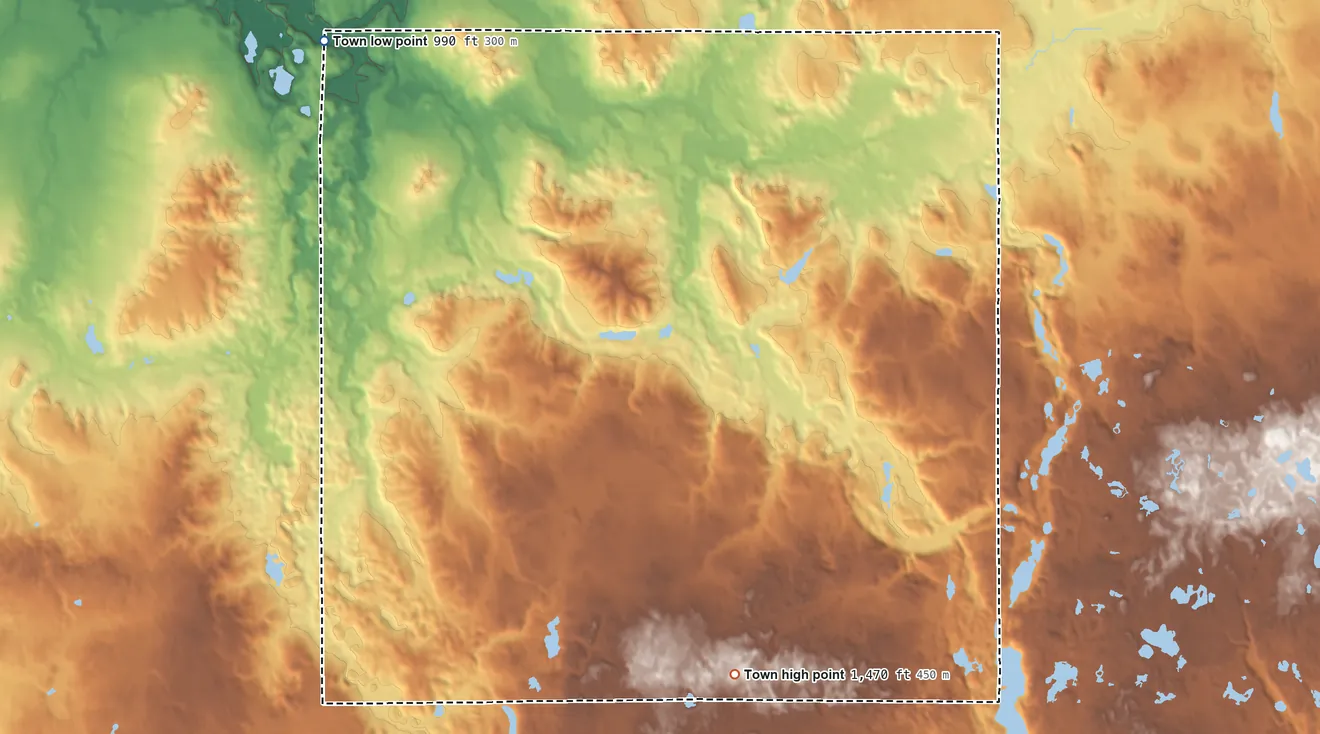 Topographic elevation map of Roosevelt, Burnett County, Wisconsin, shaded from 990 ft on the northwest side to 1,470 ft on the south side