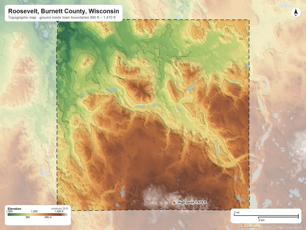 Topographic elevation map of Roosevelt, Burnett County, Wisconsin, shaded from 990 ft on the northwest side to 1,470 ft on the south side