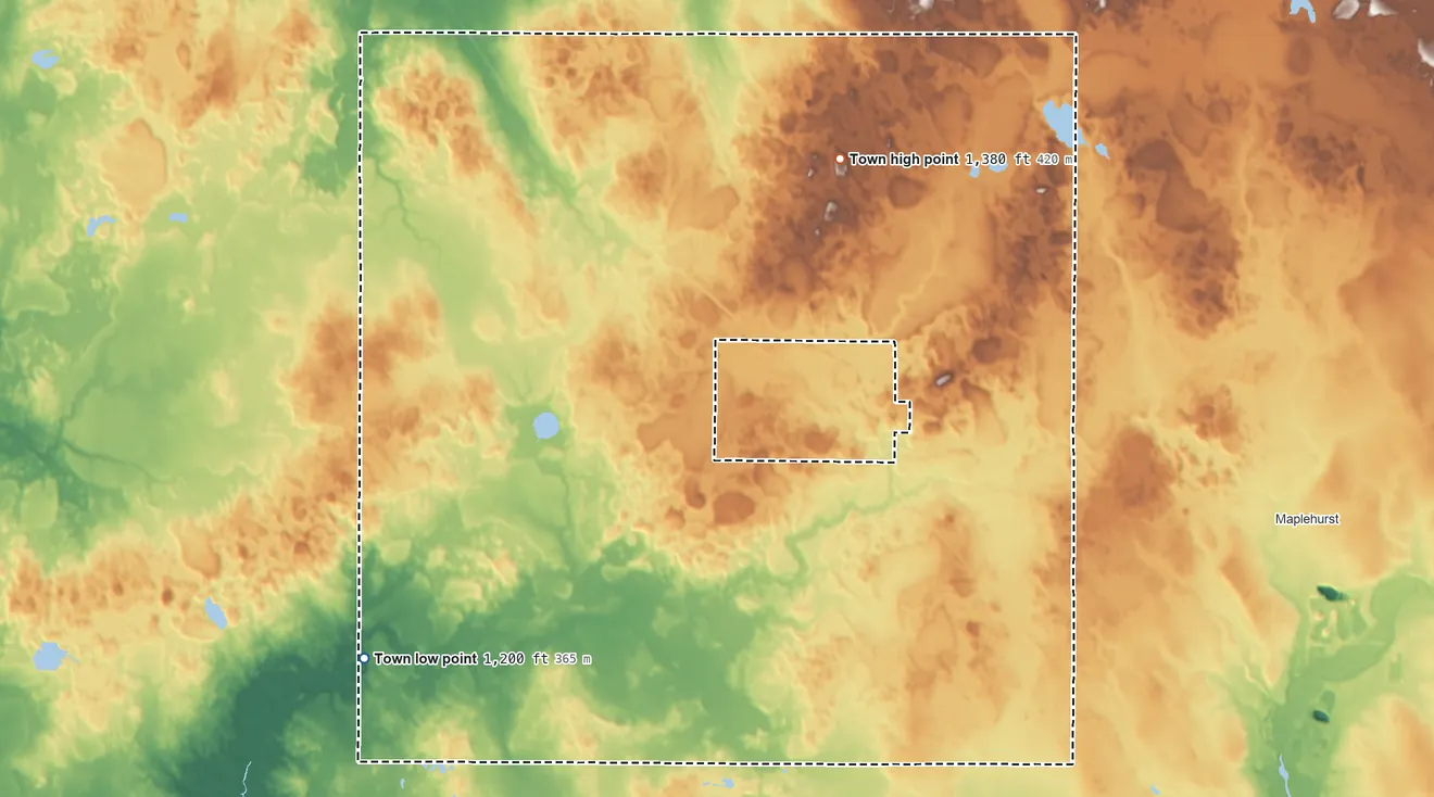 Topographic elevation map of Roosevelt, Wisconsin, shaded from 1,200 ft on the southwest side to 1,380 ft on the northeast side