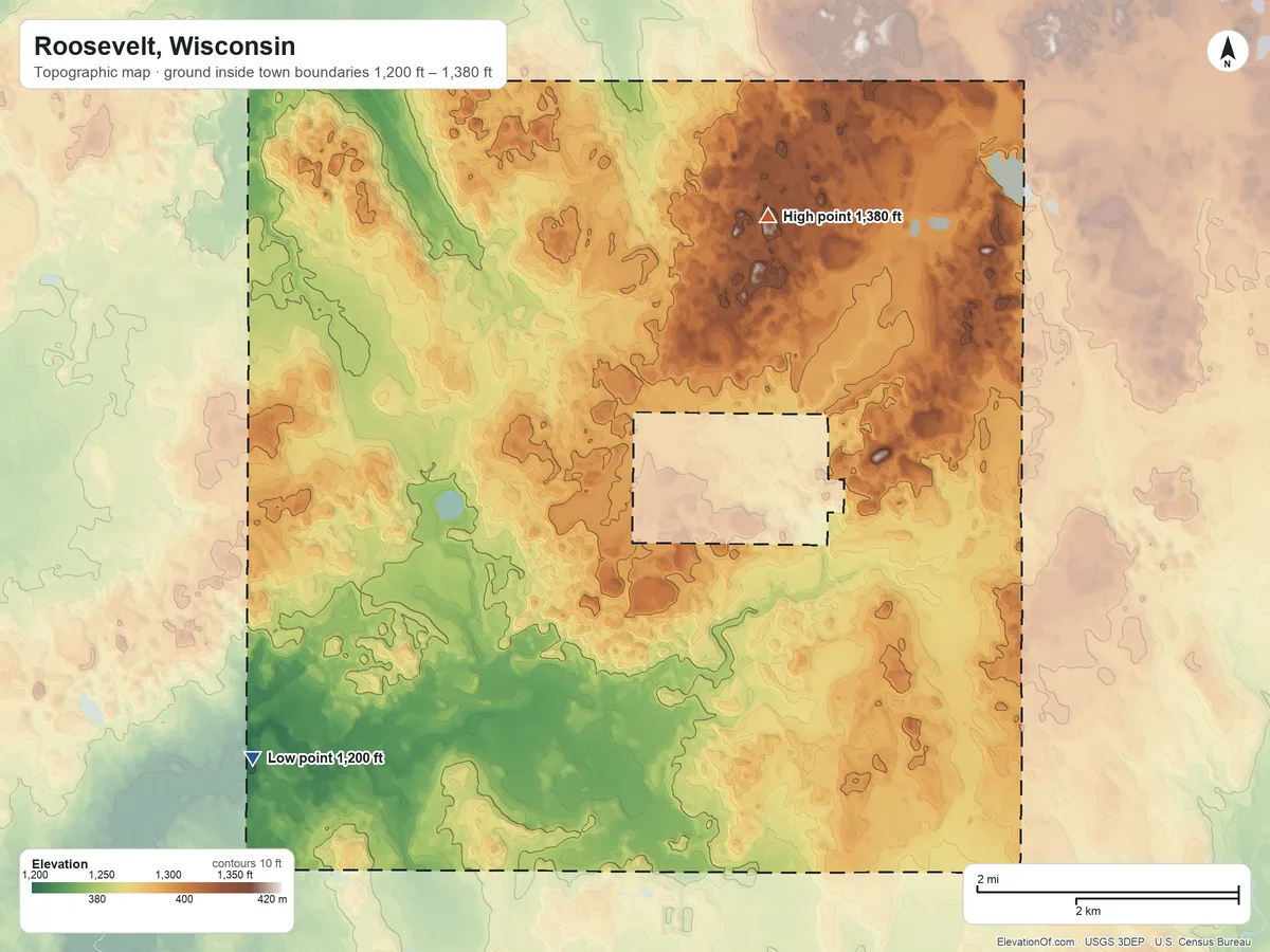 Topographic elevation map of Roosevelt, Wisconsin, shaded from 1,200 ft on the southwest side to 1,380 ft on the northeast side