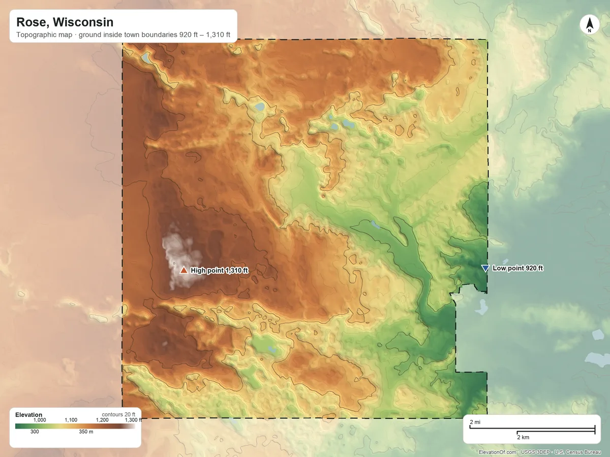 Topographic elevation map of Rose, Wisconsin, shaded from 920 ft on the east side to 1,310 ft on the west side