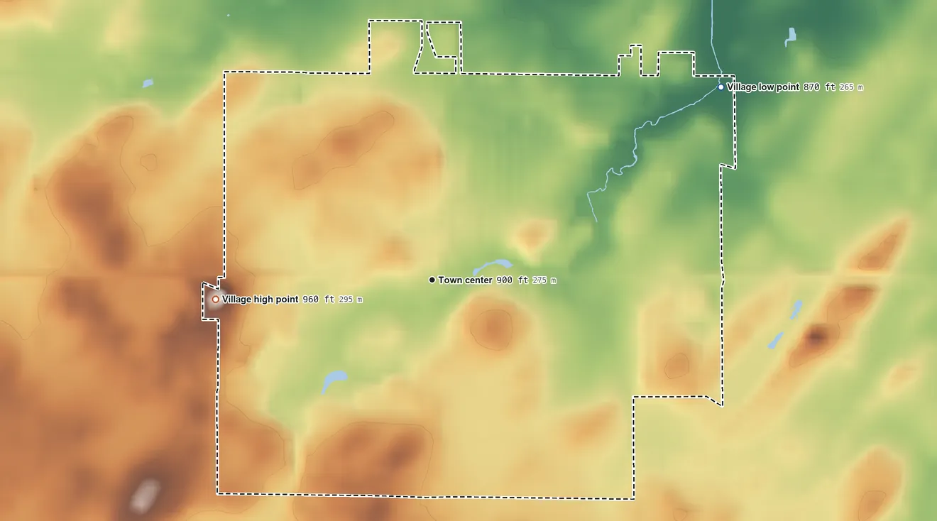 Topographic elevation map of Rosendale, Wisconsin, shaded from 870 ft on the northeast side to 960 ft on the west side