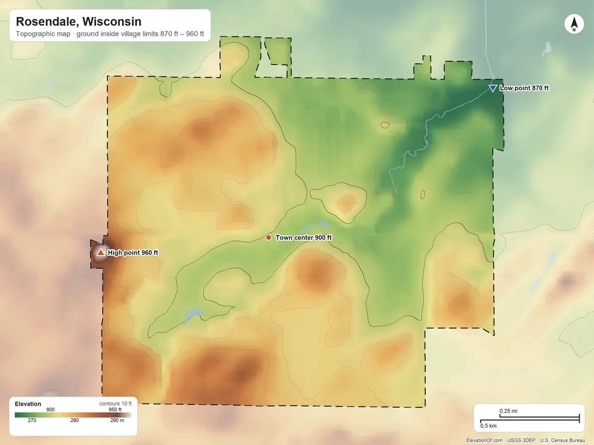 Topographic elevation map of Rosendale, Wisconsin, shaded from 870 ft on the northeast side to 960 ft on the west side