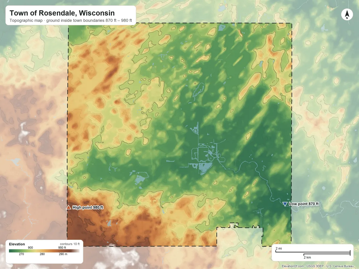 Topographic elevation map of Town of Rosendale, Wisconsin, shaded from 870 ft on the southeast side to 980 ft on the southwest side