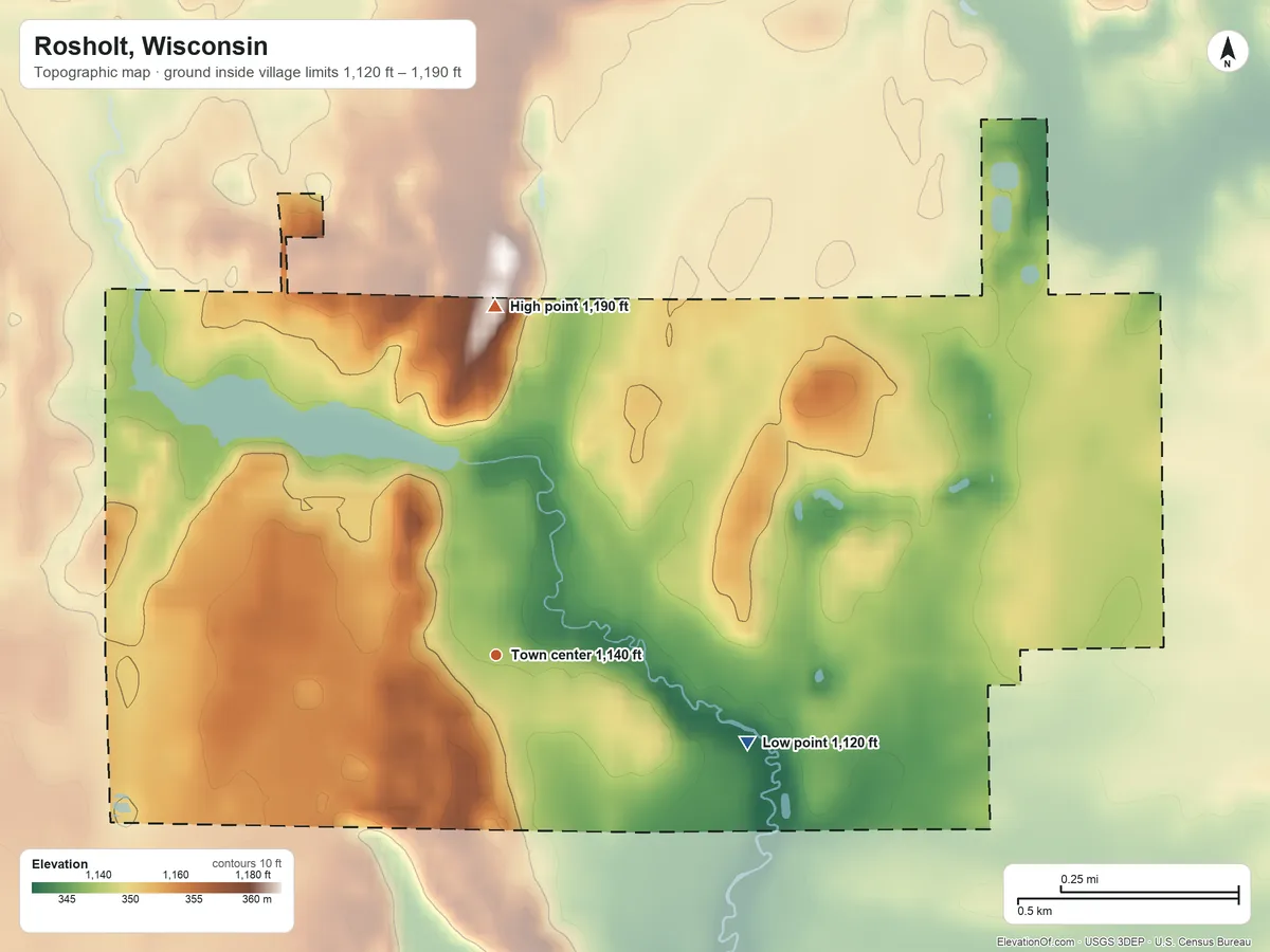 Topographic elevation map of Rosholt, Wisconsin, shaded from 1,120 ft on the east side to 1,190 ft on the north side
