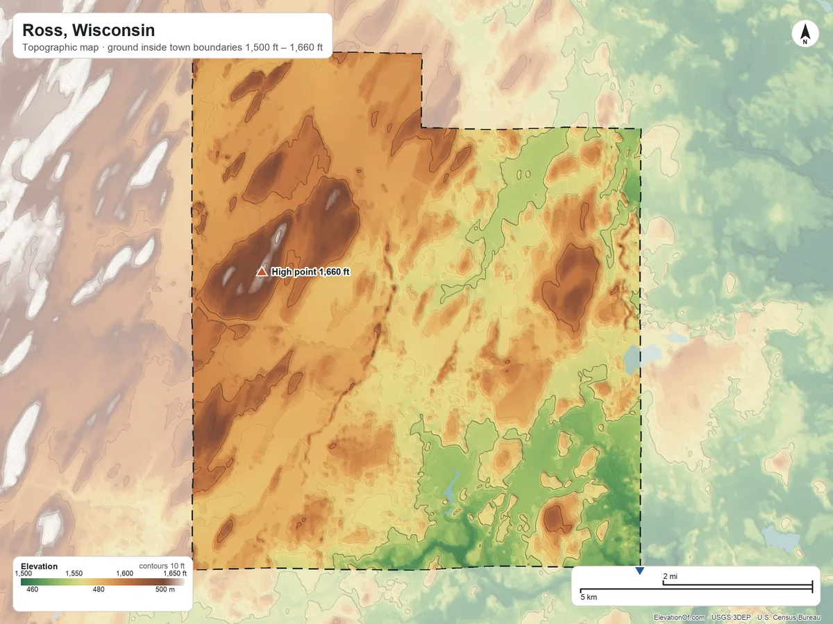 Topographic elevation map of Ross, Wisconsin, shaded from 1,500 ft on the south side to 1,660 ft on the west side