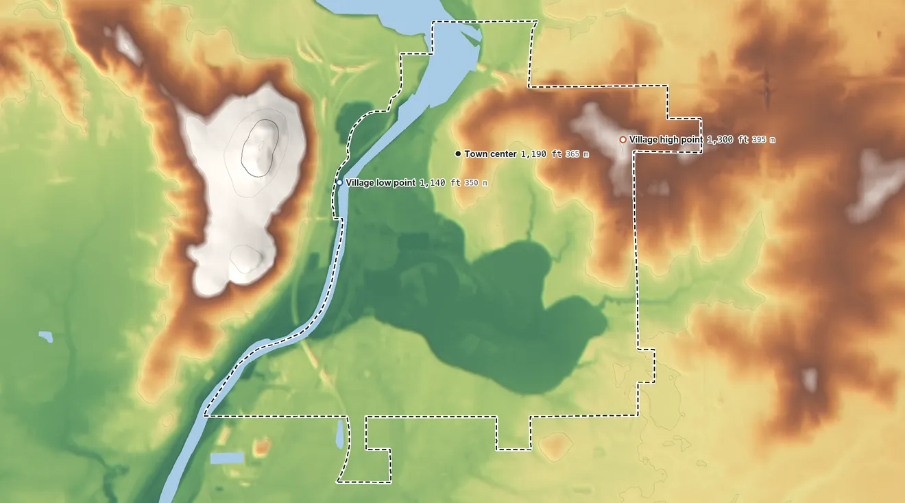 Topographic elevation map of Rothschild, Wisconsin, shaded from 1,140 ft on the west side to 1,300 ft on the east side