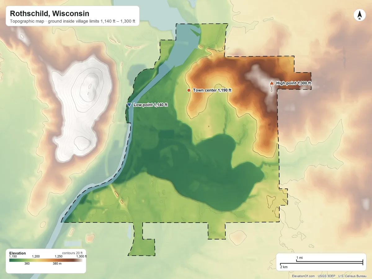 Topographic elevation map of Rothschild, Wisconsin, shaded from 1,140 ft on the west side to 1,300 ft on the east side