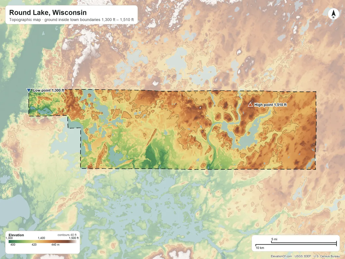 Topographic elevation map of Round Lake, Wisconsin, shaded from 1,300 ft on the west side to 1,510 ft on the east side