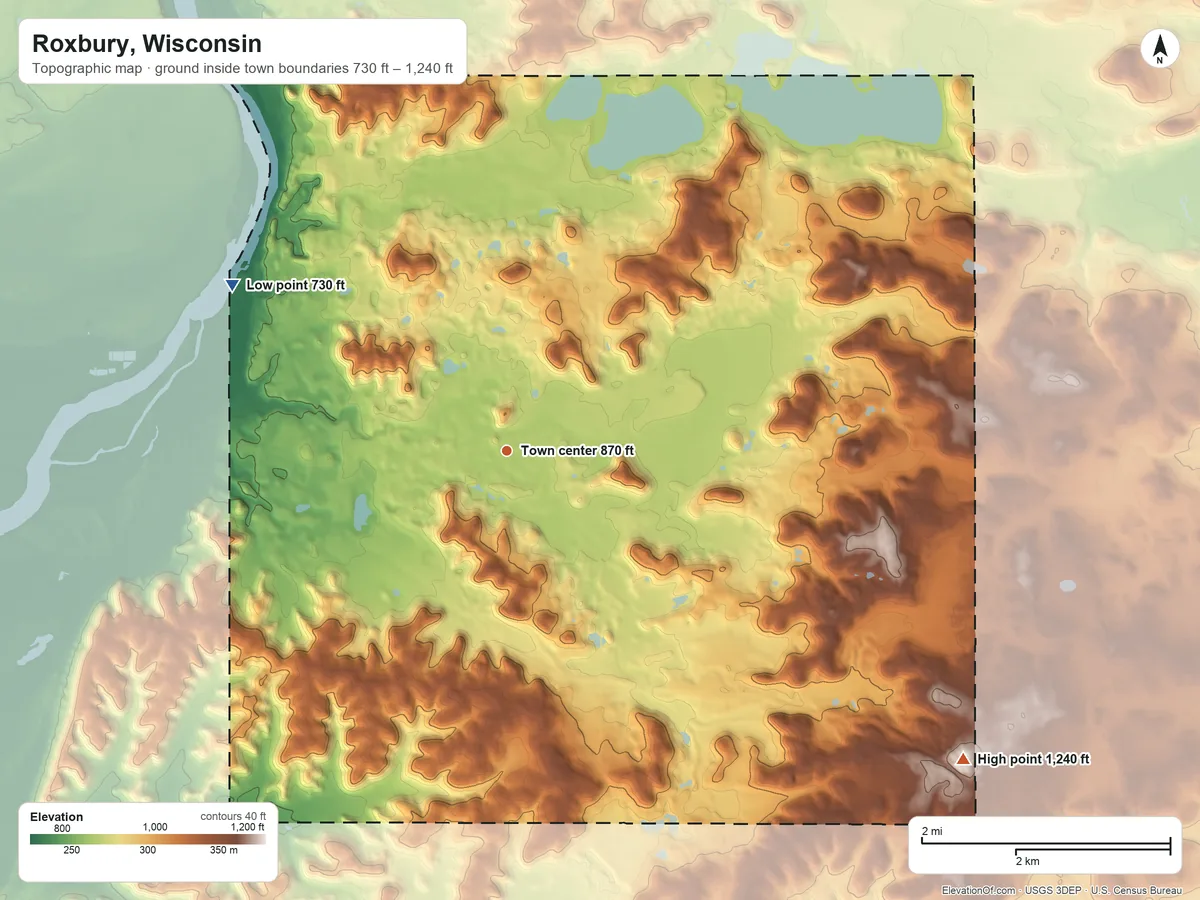 Topographic elevation map of Roxbury, Wisconsin, shaded from 730 ft on the northwest side to 1,240 ft on the southeast side