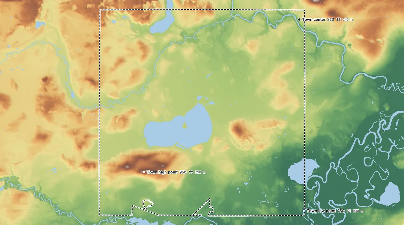 Topographic elevation map of Royalton, Wisconsin, shaded from 750 ft on the south side to 950 ft on the southwest side
