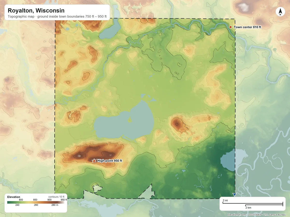Topographic elevation map of Royalton, Wisconsin, shaded from 750 ft on the south side to 950 ft on the southwest side