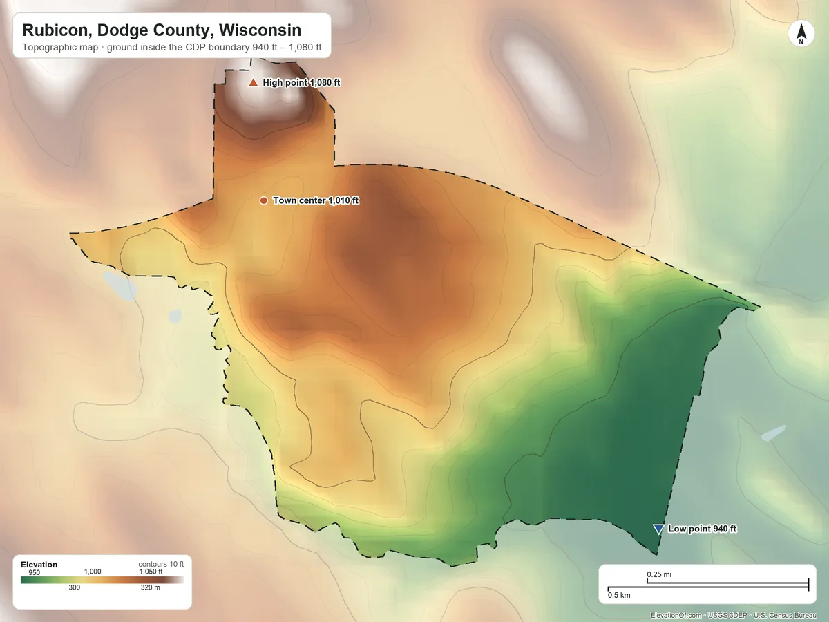 Topographic elevation map of Rubicon, Dodge County, Wisconsin, shaded from 940 ft on the southeast side to 1,080 ft on the north side