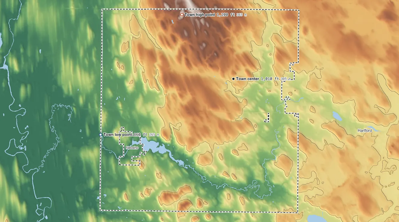 Topographic elevation map of Rubicon, Wisconsin, shaded from 860 ft on the southwest side to 1,200 ft on the northwest side