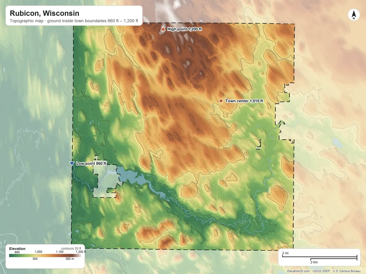 Topographic elevation map of Rubicon, Wisconsin, shaded from 860 ft on the southwest side to 1,200 ft on the northwest side