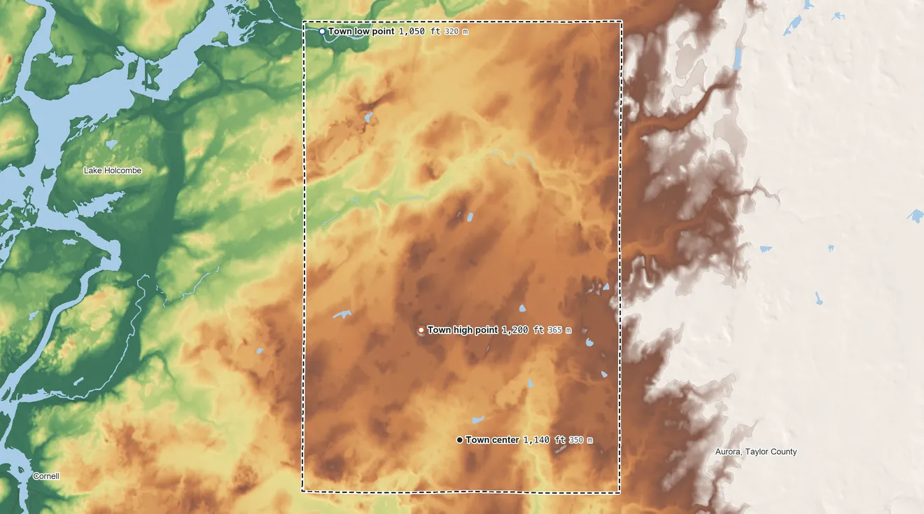 Topographic elevation map of Ruby, Wisconsin, shaded from 1,050 ft on the north side to 1,200 ft on the north side