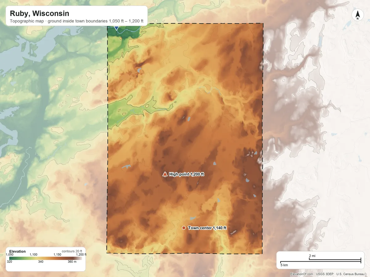 Topographic elevation map of Ruby, Wisconsin, shaded from 1,050 ft on the north side to 1,200 ft on the north side