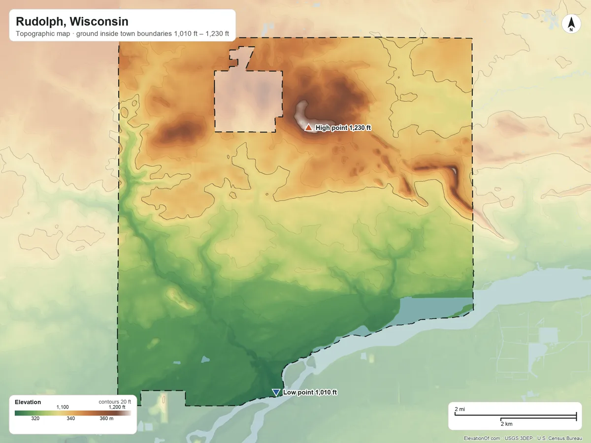 Topographic elevation map of Rudolph, Wisconsin, shaded from 1,010 ft on the south side to 1,230 ft on the north side