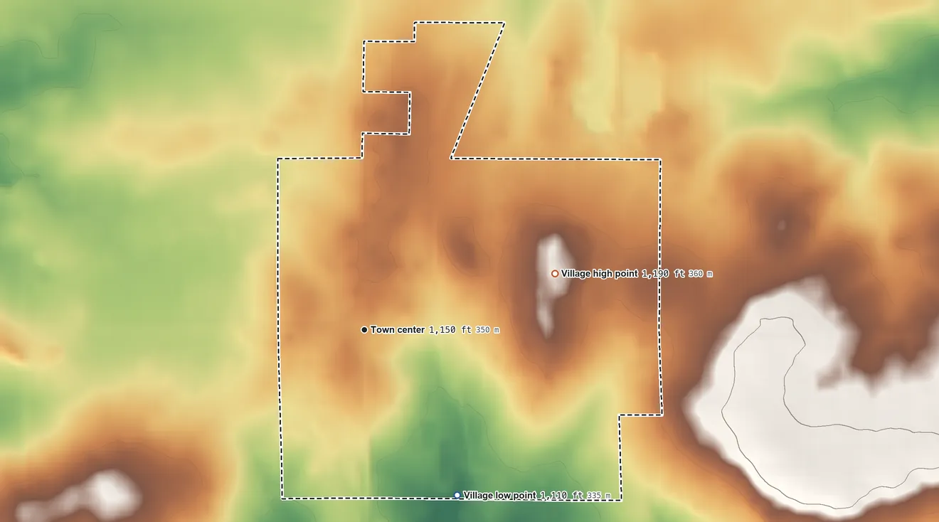Topographic elevation map of Village of Rudolph, Wisconsin, shaded from 1,110 ft on the southeast side to 1,190 ft on the east side