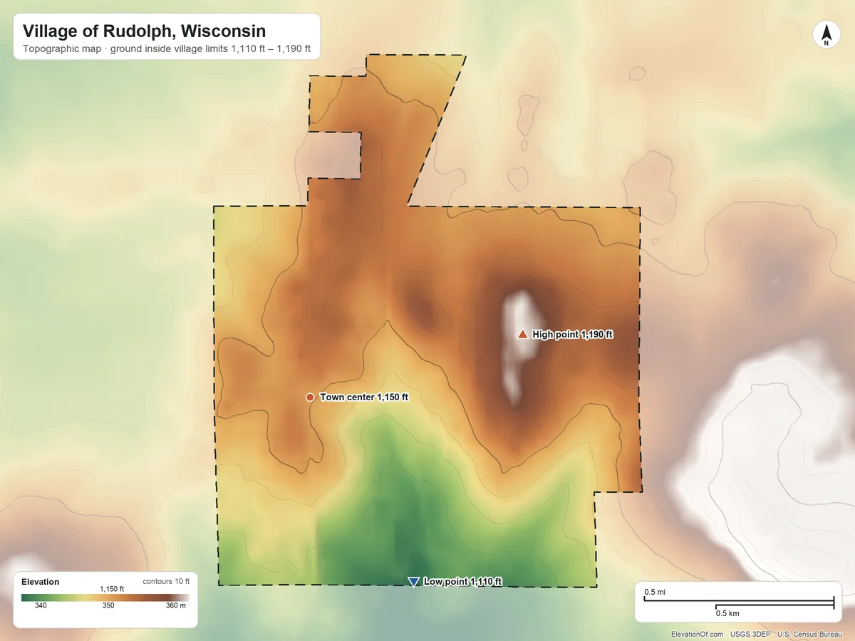 Topographic elevation map of Village of Rudolph, Wisconsin, shaded from 1,110 ft on the southeast side to 1,190 ft on the east side