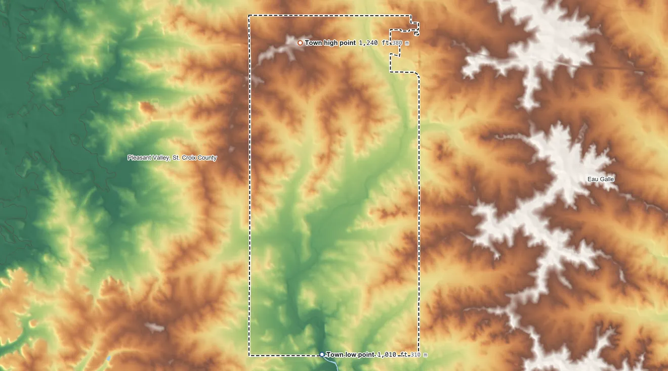 Topographic elevation map of Rush River, Wisconsin, shaded from 1,010 ft on the south side to 1,240 ft on the north side