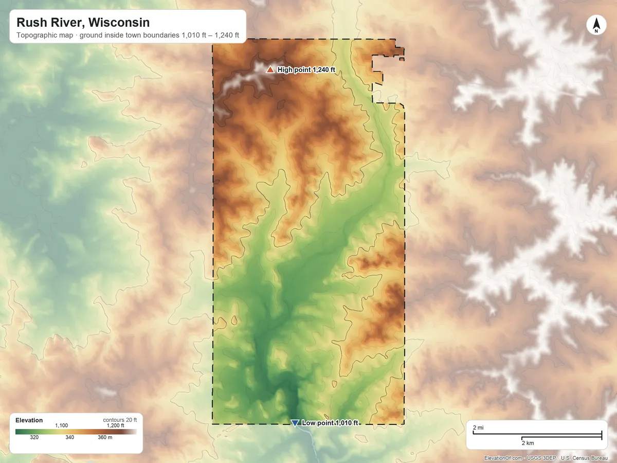 Topographic elevation map of Rush River, Wisconsin, shaded from 1,010 ft on the south side to 1,240 ft on the north side