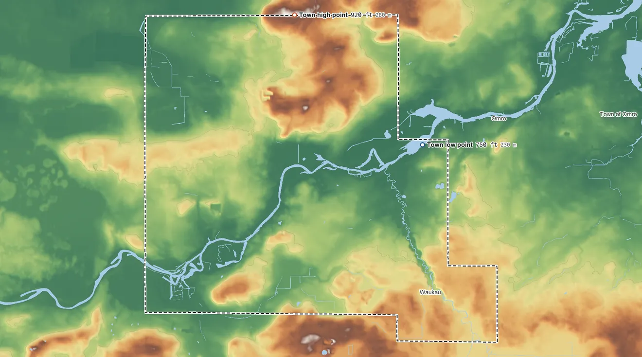 Topographic elevation map of Rushford, Wisconsin, shaded from 750 ft on the northeast side to 920 ft on the north side