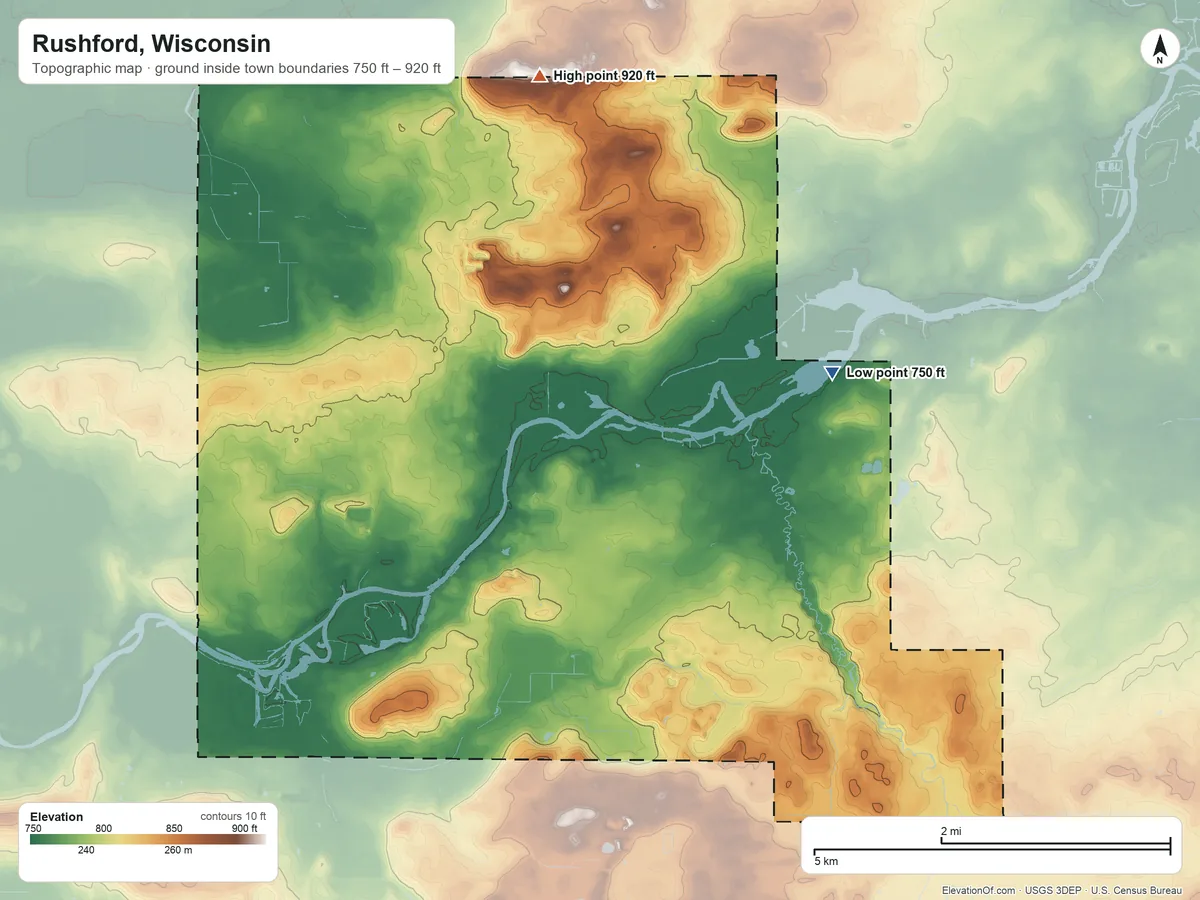 Topographic elevation map of Rushford, Wisconsin, shaded from 750 ft on the northeast side to 920 ft on the north side
