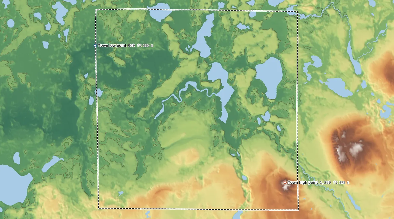 Topographic elevation map of Rusk, Burnett County, Wisconsin, shaded from 960 ft on the west side to 1,220 ft on the southeast side
