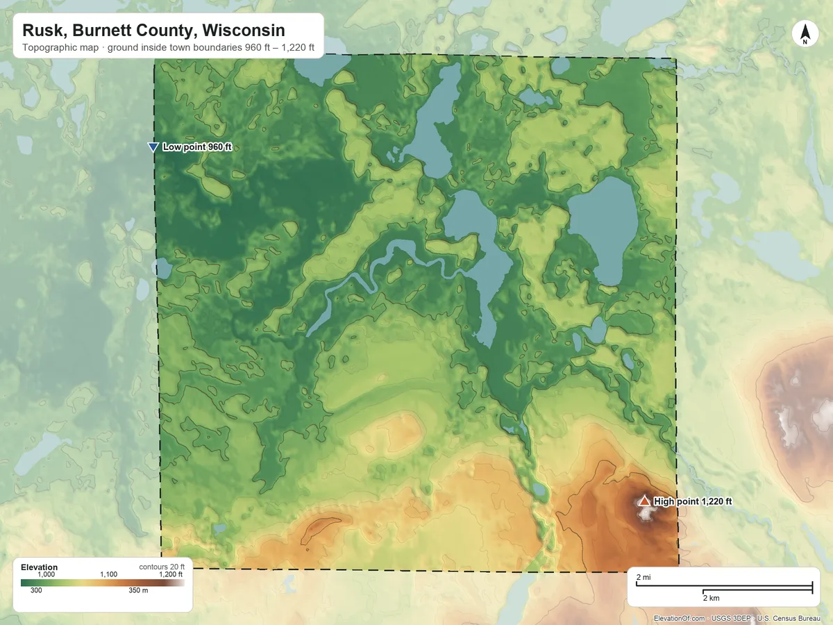 Topographic elevation map of Rusk, Burnett County, Wisconsin, shaded from 960 ft on the west side to 1,220 ft on the southeast side