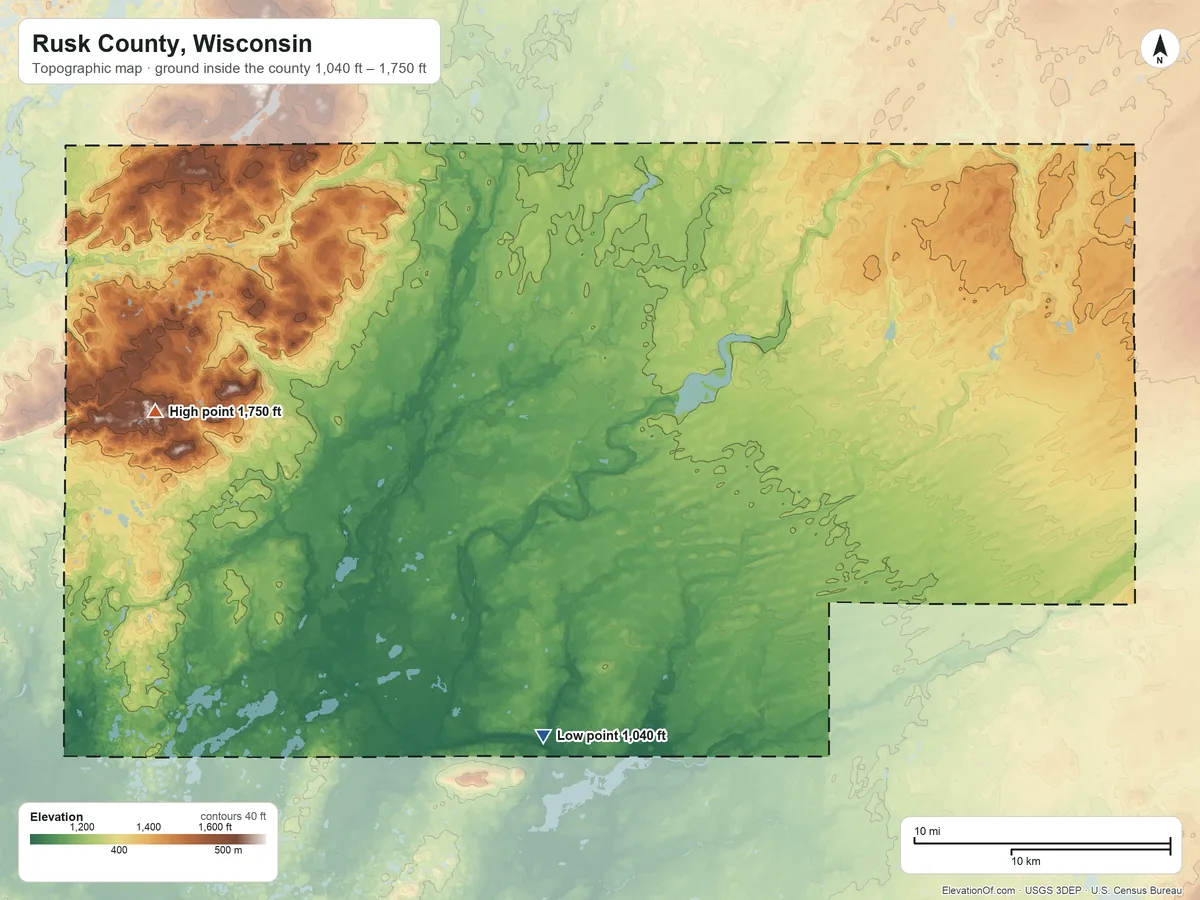 Topographic elevation map of Rusk County, Wisconsin, shaded from 1,040 ft on the south side to 1,750 ft on the west side