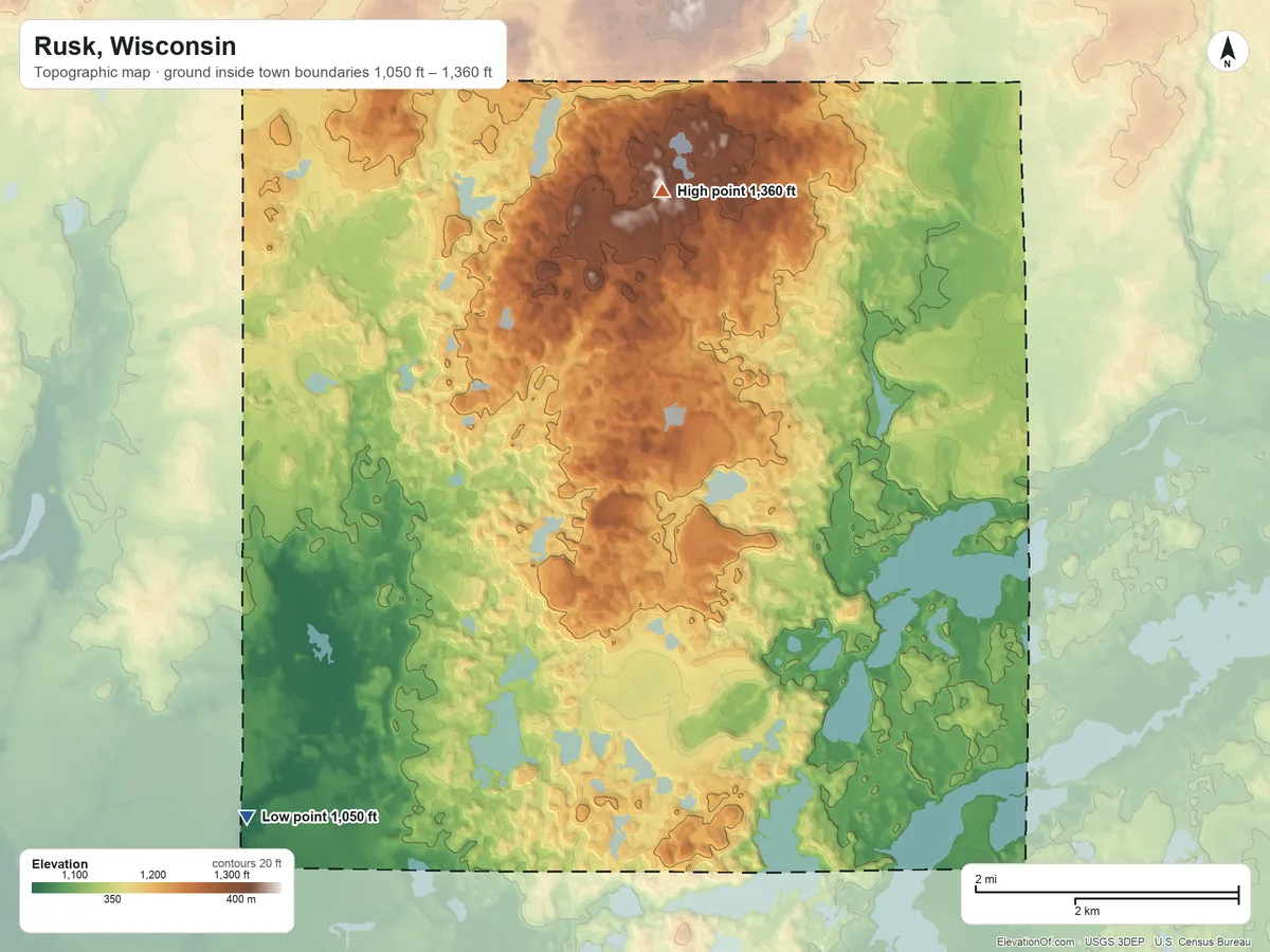 Topographic elevation map of Rusk, Wisconsin, shaded from 1,050 ft on the southwest side to 1,360 ft on the north side
