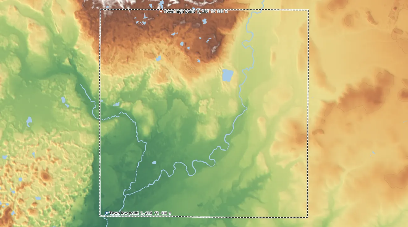 Topographic elevation map of Russell, Lincoln County, Wisconsin, shaded from 1,410 ft on the southwest side to 1,760 ft on the north side